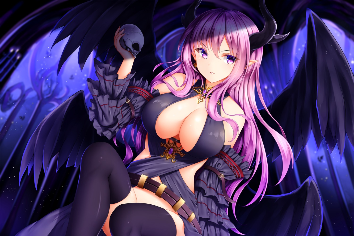 cleavage, horns, no_bra, pointy_ears, shinkai_no_valkyrie, thighhighs, wings, wsman