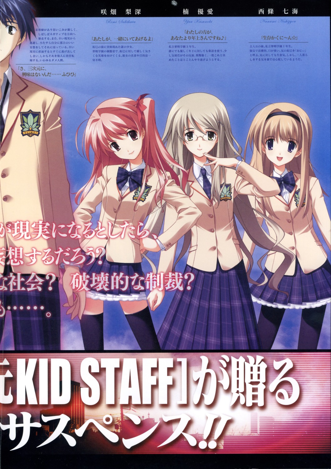 chaos;head, kusunoki_yua, nishijou_nanami, nishijou_takumi, sakihata_rimi, sasaki_mutsumi, seifuku