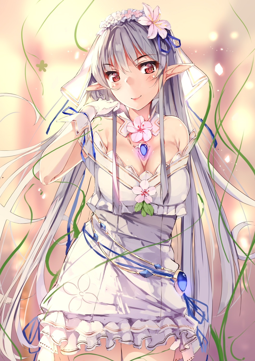 cleavage, dress, iris_mysteria!_~shoujo_no_tsumugu_yume_no_hiseki~, pointy_ears, yumemi_(kiowa), yuu_(iris_mysteria!)