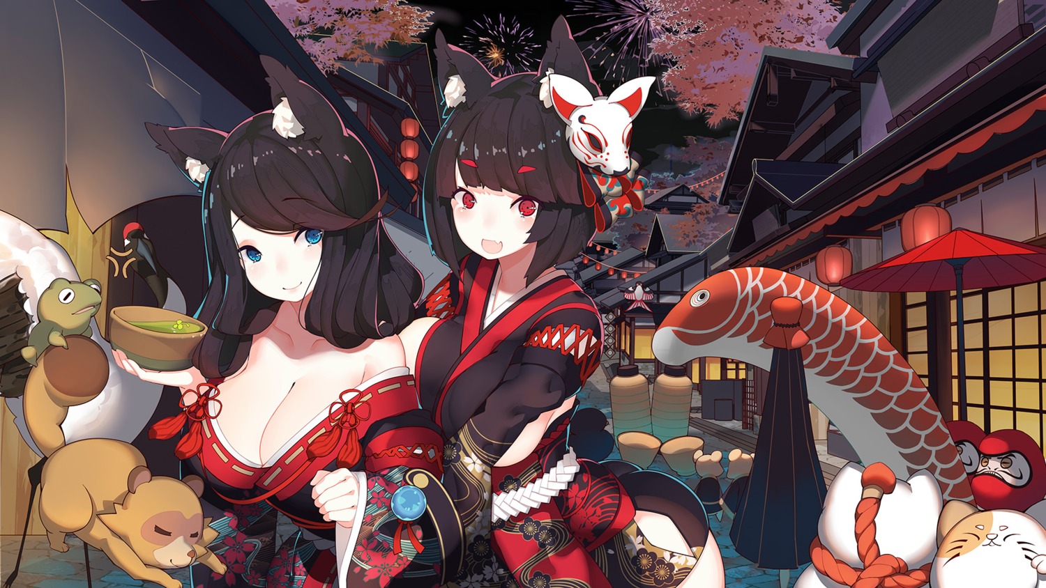 animal_ears, azur_lane, cleavage, fusou_(azur_lane), japanese_clothes, open_shirt, rain_lan, yamashiro_(azur_lane)