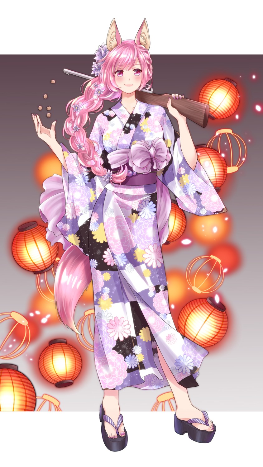 animal_ears, fuurinrin5, gun, tail, yukata
