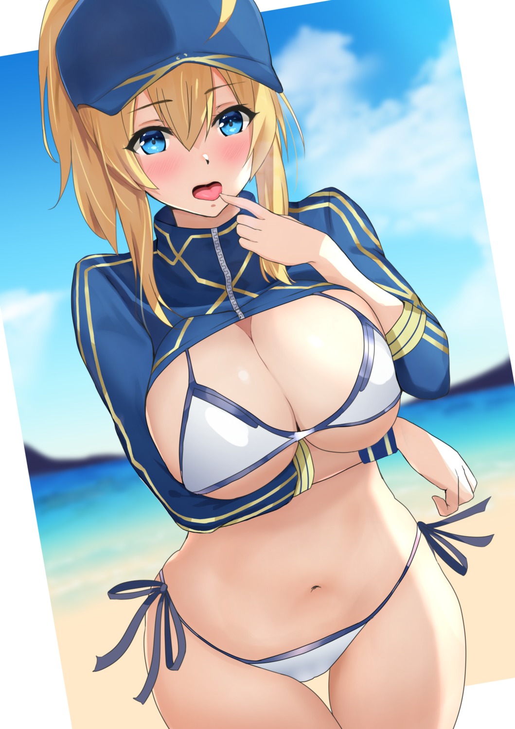 akatsuki_ikki, bikini, breast_hold, fate/grand_order, heroine_xx, shirt_lift, swimsuits, underboob