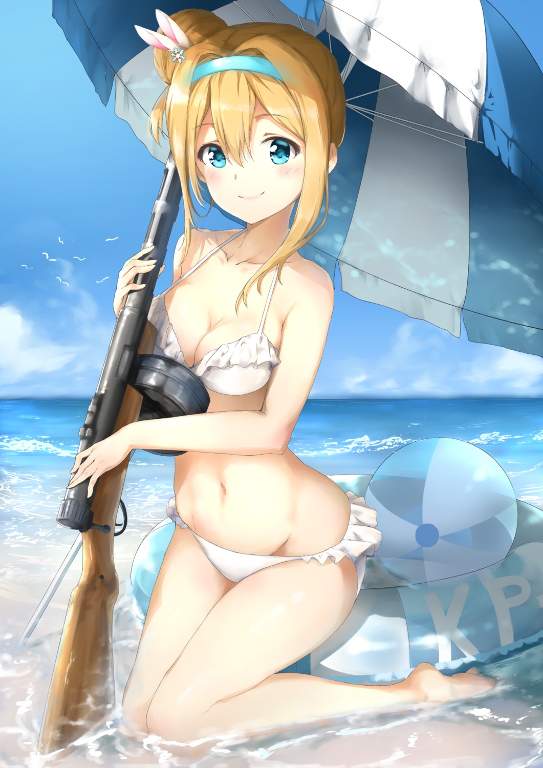 bikini, cleavage, girls_frontline, gun, raidensan, suomi_kp31_(girls_frontline), swimsuits, wet