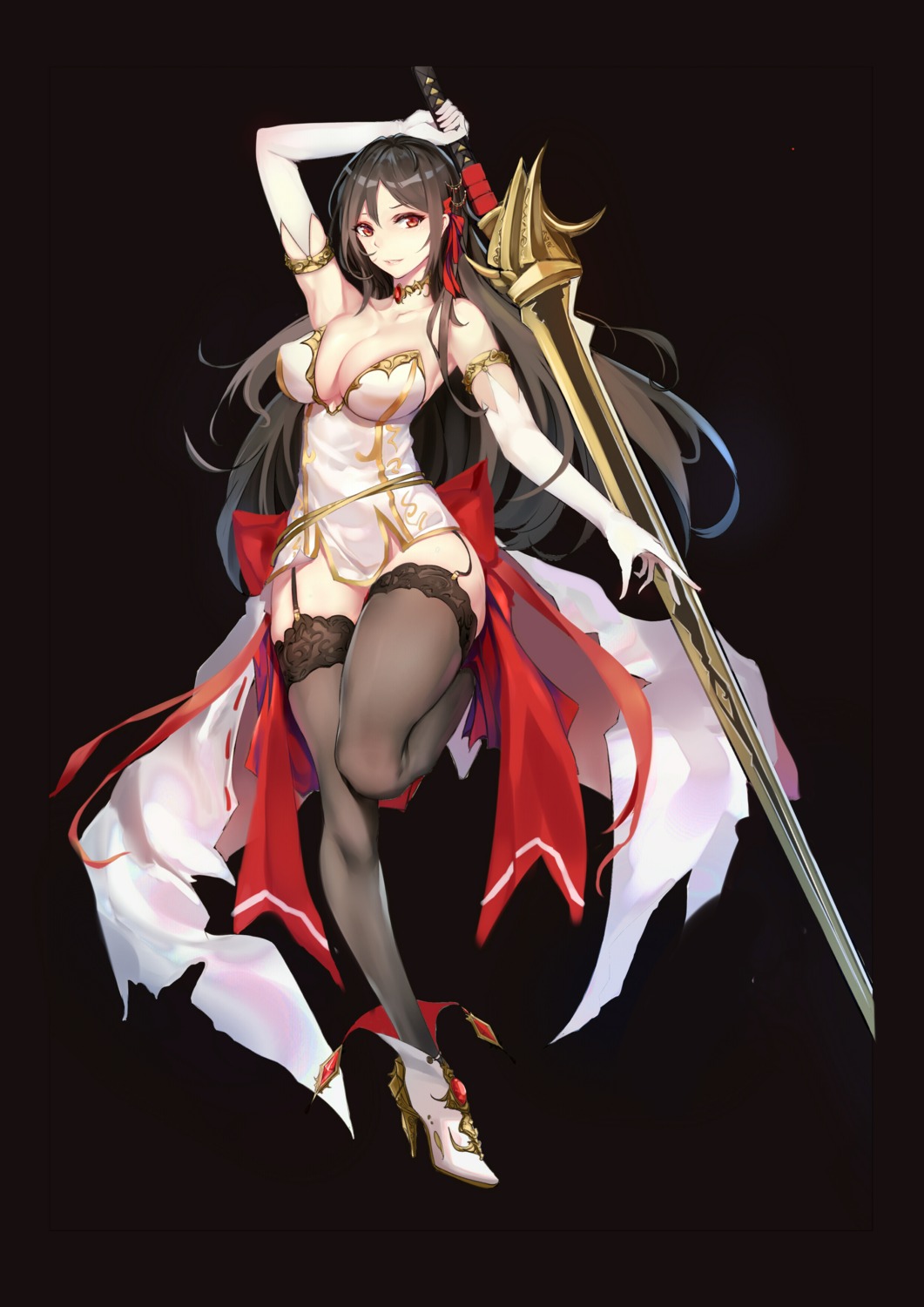cleavage, heels, no_bra, roy_(pixiv12676578), stockings, sword, thighhighs