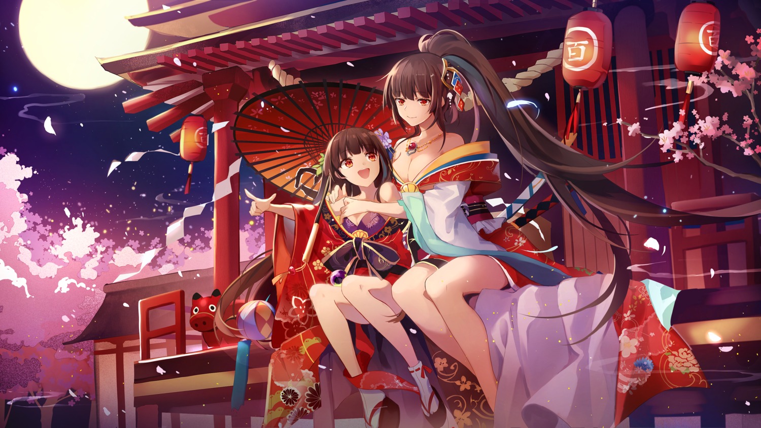 cleavage, japanese_clothes, open_shirt, peneko, umbrella, wallpaper, wulingshaonv