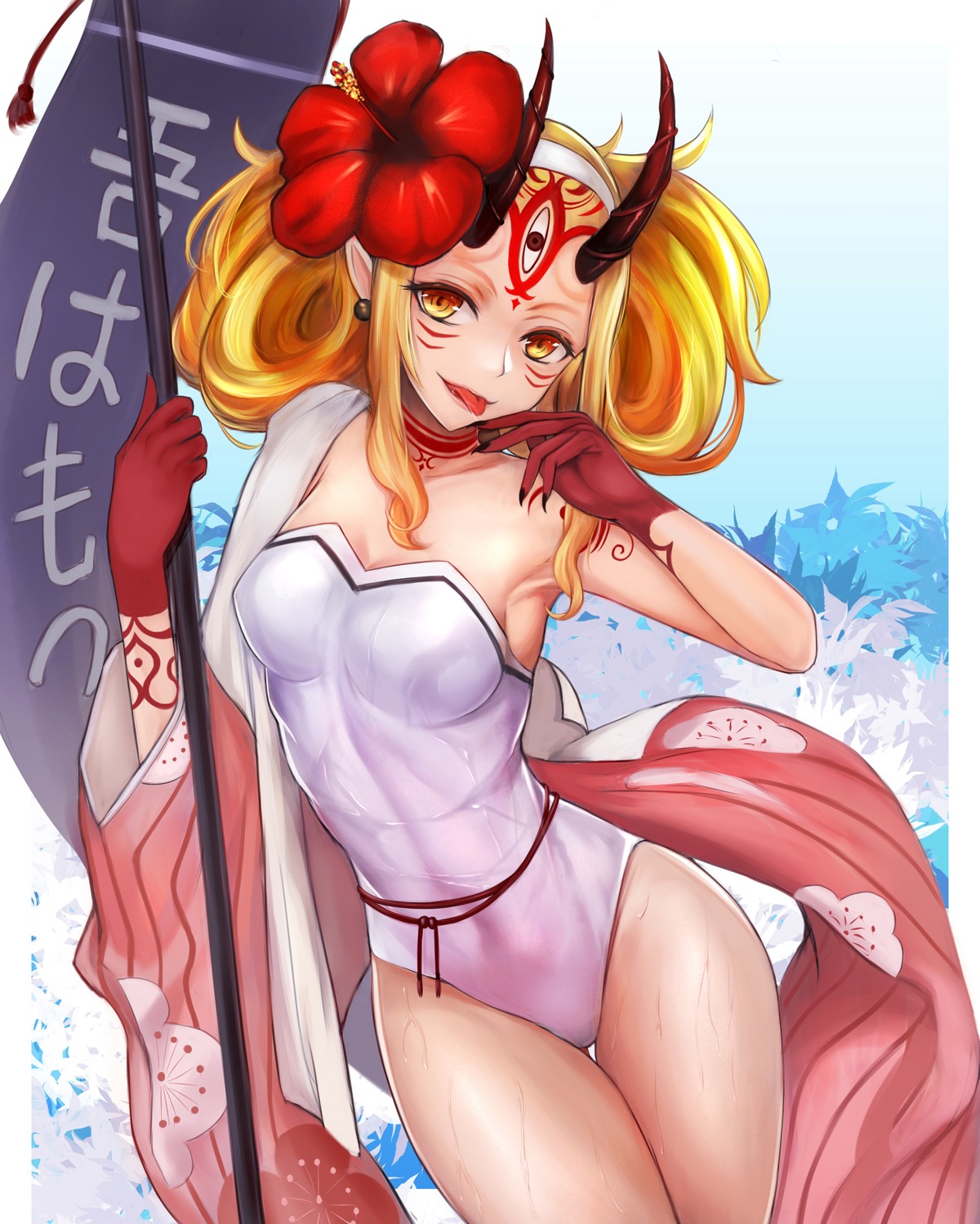 cleavage, fate/grand_order, horns, ibaraki_douji_(fate), japanese_clothes, pointy_ears, swimsuits, tattoo
