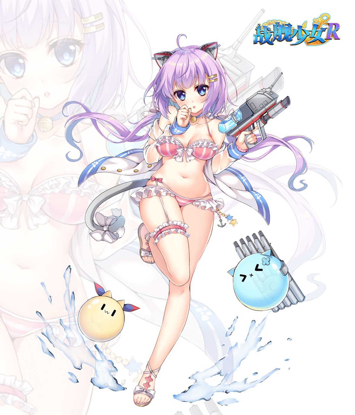 animal_ears, bikini, cleavage, converse_(zhanjianshaonv), garter, gun, hasu_(velicia), nekomimi