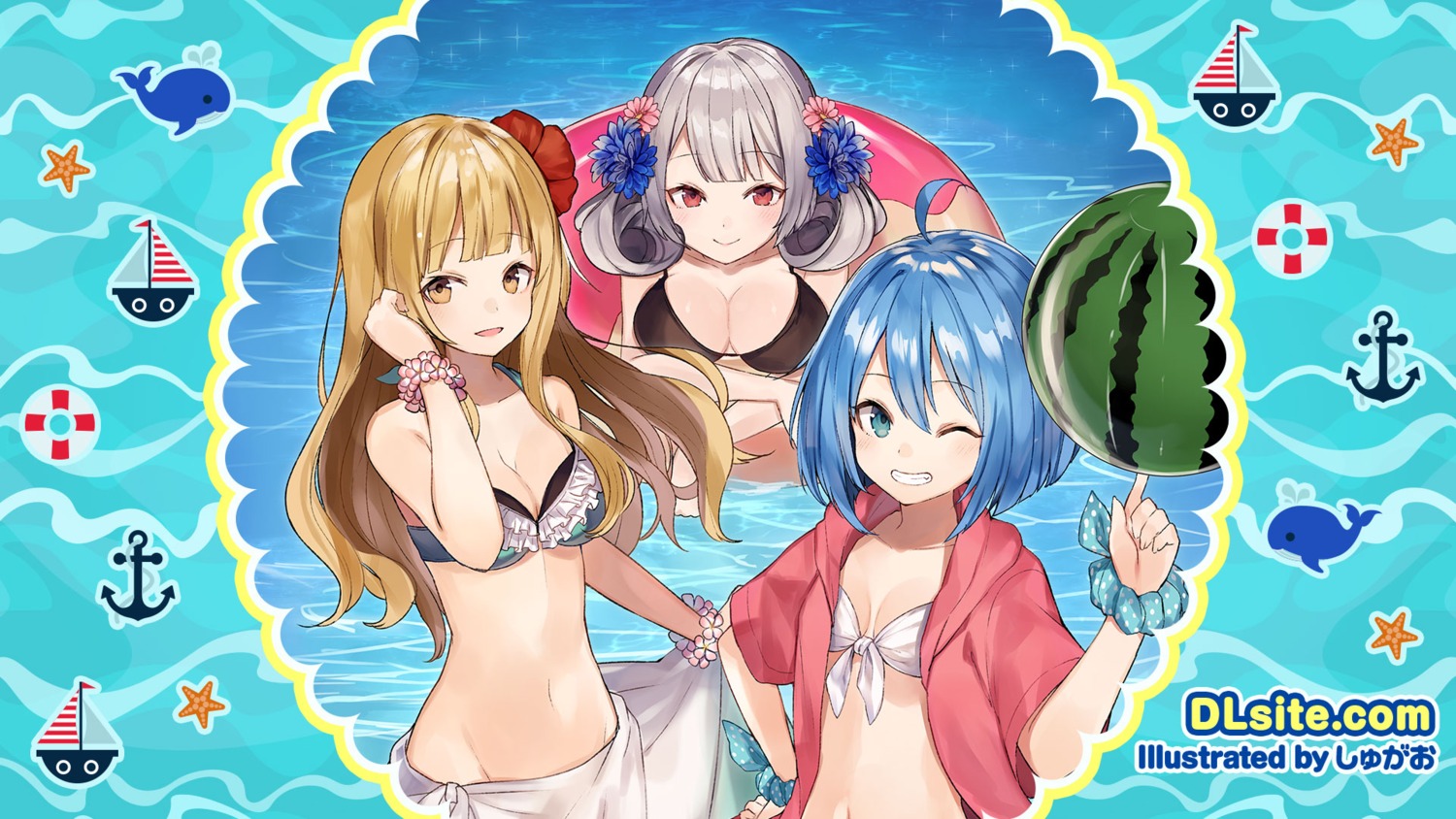 bikini_top, cleavage, dlsite.com, open_shirt, shugao, swimsuits, wallpaper