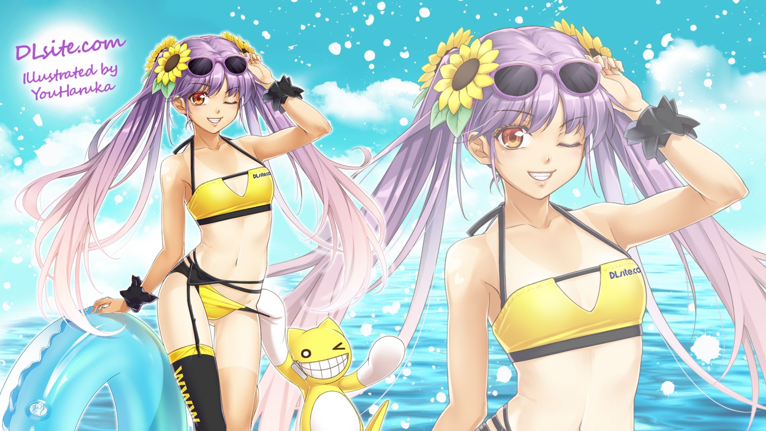 bikini, cleavage, dlsite.com, megane, stockings, swimsuits, tan_lines, thighhighs