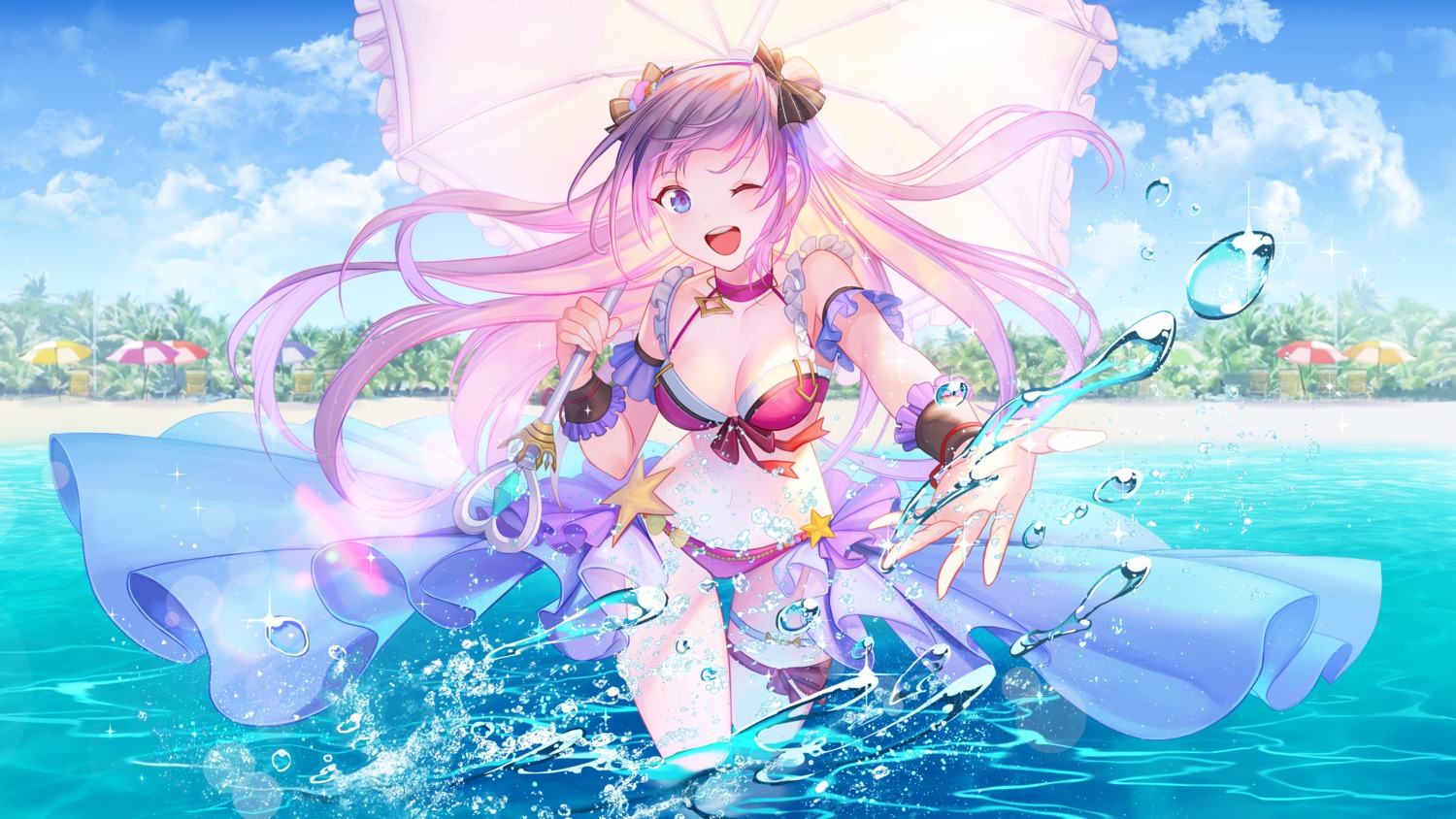 bikini, cleavage, gahyun, garter, swimsuits, teria_saga, umbrella, wet