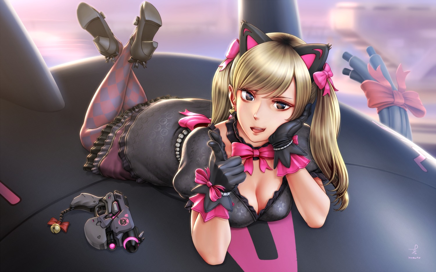 animal_ears, cleavage, d.va, dress, gothic_lolita, gun, heels, horiishi_horuto, lolita_fashion, nekomimi, overwatch, pantyhose, wallpaper