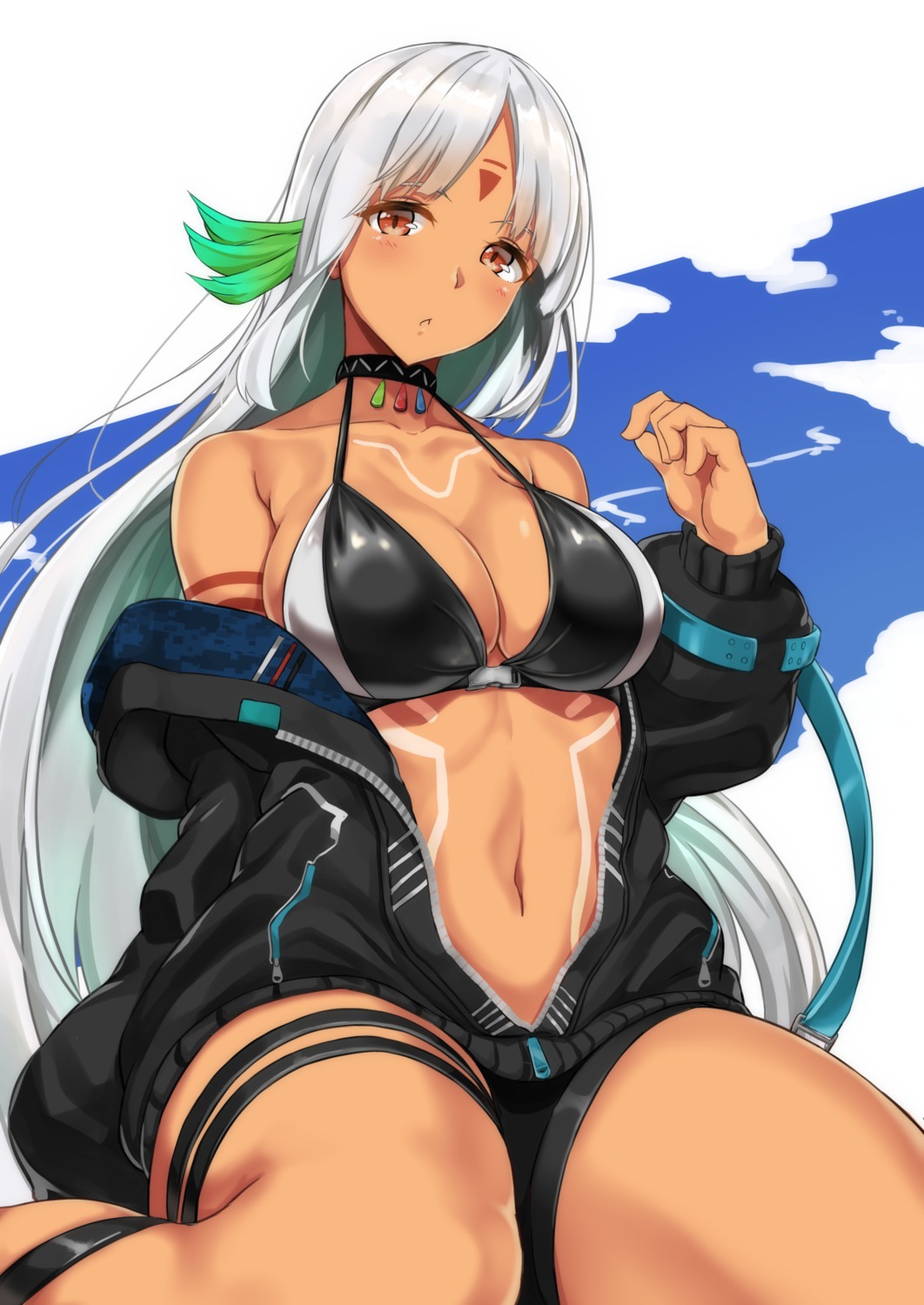 azur_lane, bikini_top, cleavage, garter, massachusetts_(azur_lane), open_shirt, swimsuits, tattoo, yuzu_lemon