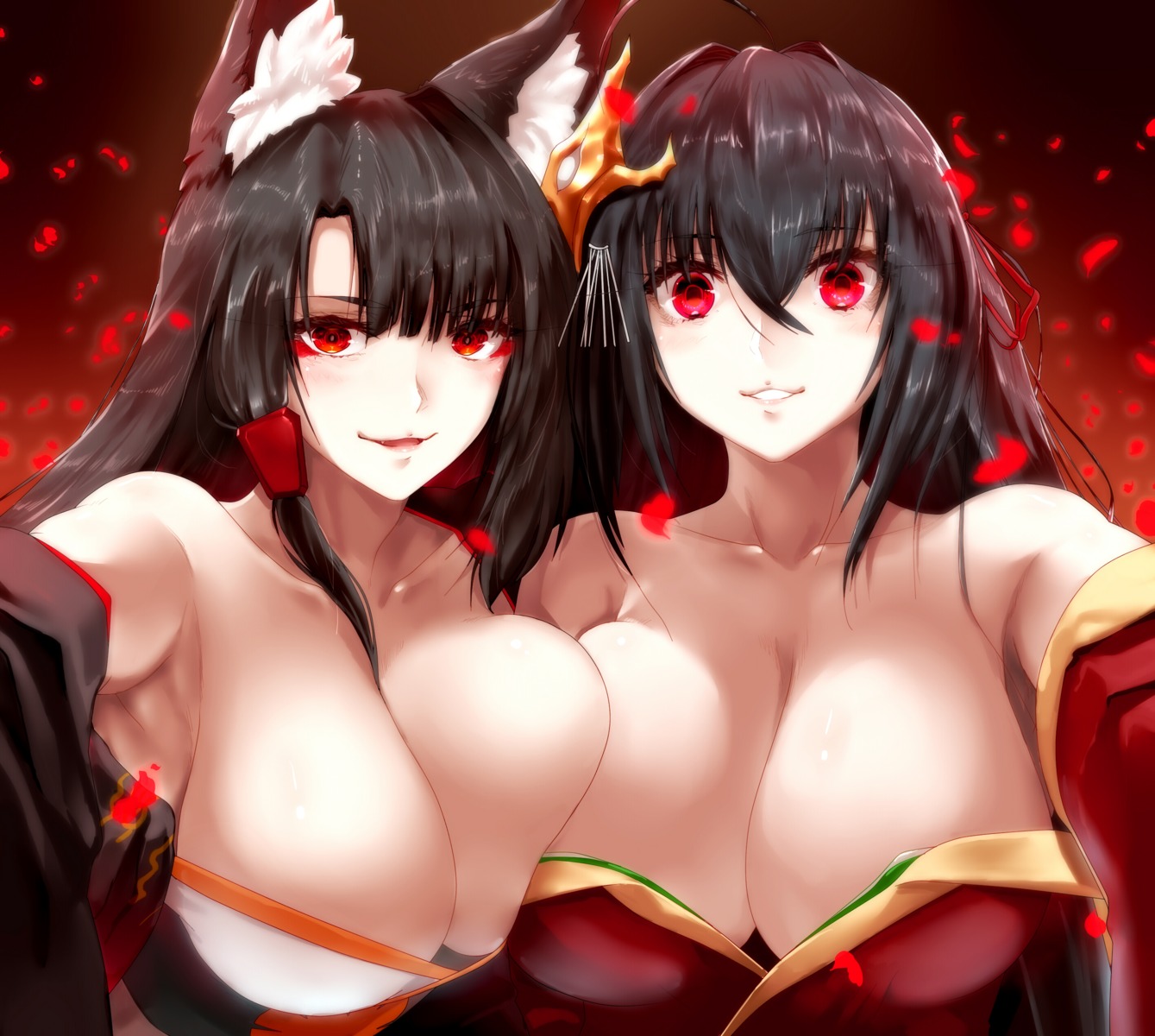 akagi_(azur_lane), animal_ears, azur_lane, cleavage, japanese_clothes, kitsune, minarai_tenna, no_bra, open_shirt, symmetrical_docking, taihou_(azur_lane)