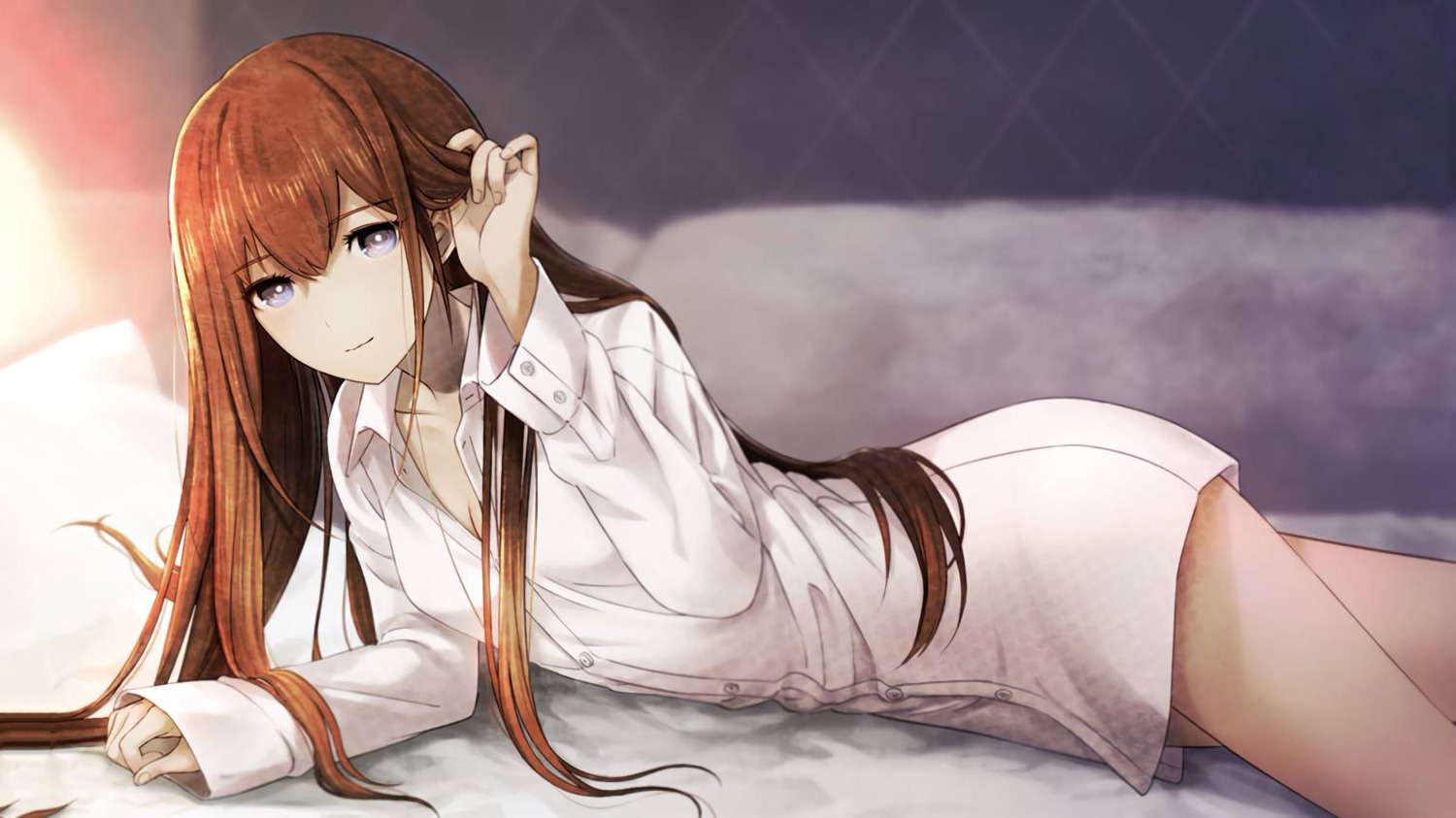 cleavage, dress_shirt, huke, jpeg_artifacts, makise_kurisu, steins;gate