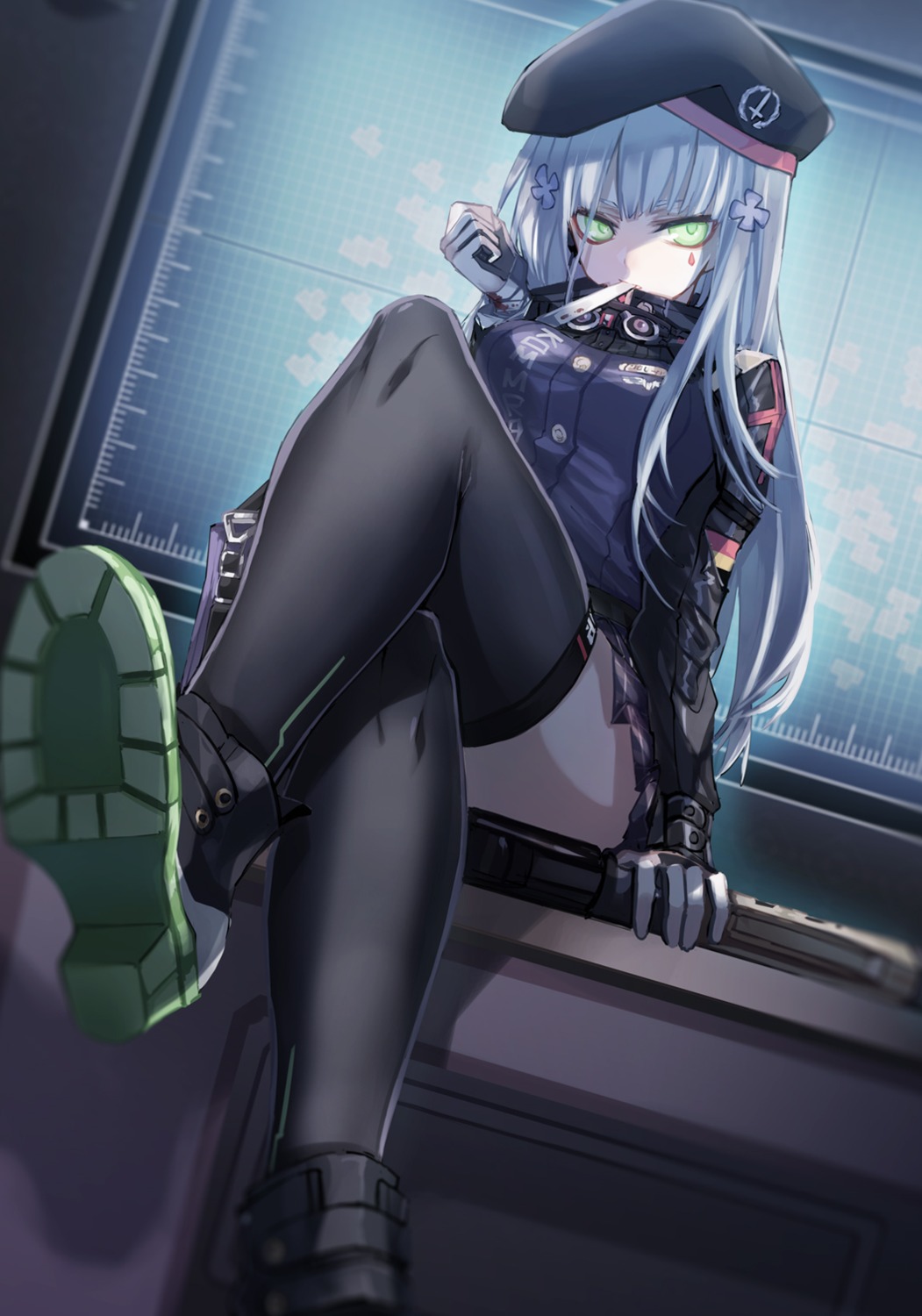 bandages, girls_frontline, gun, heels, hk416_(girls_frontline), puririririn, thighhighs