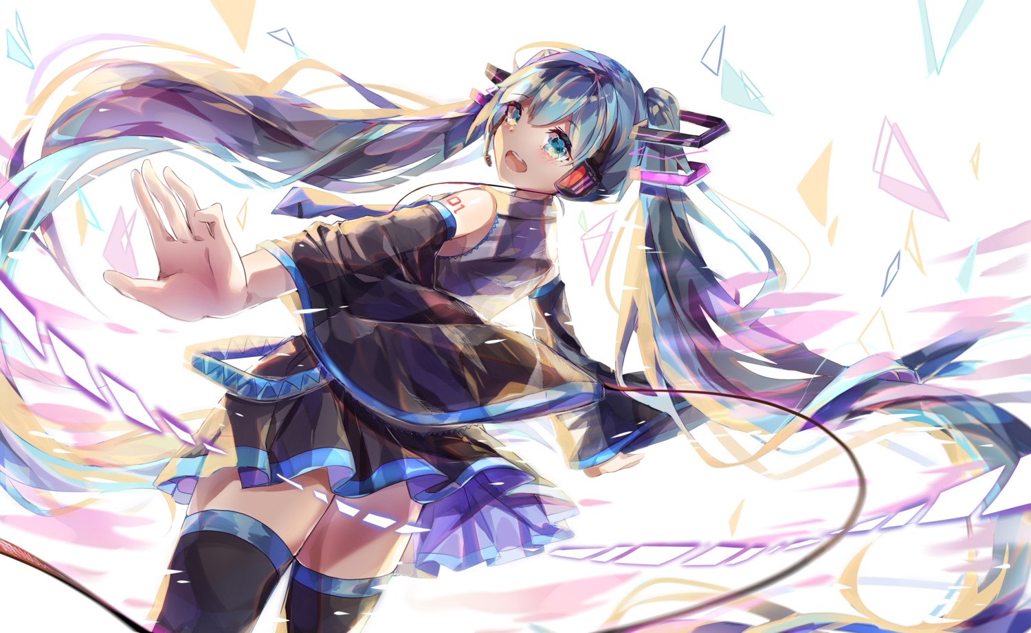 ayatsuki_sugure, hatsune_miku, headphones, tattoo, thighhighs, vocaloid