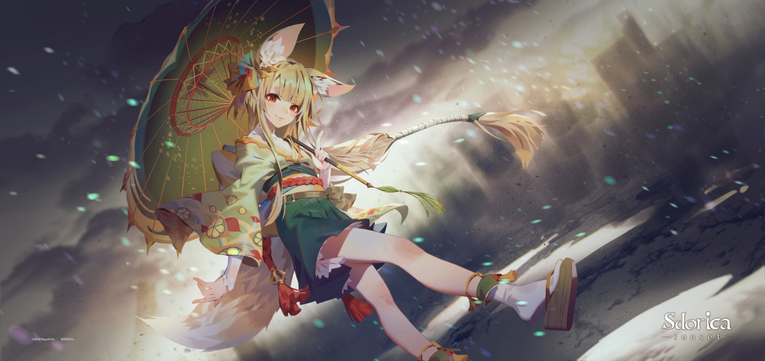 animal_ears, izumi_(sdorica), japanese_clothes, jofang, sdorica_-sunset-, tail, umbrella