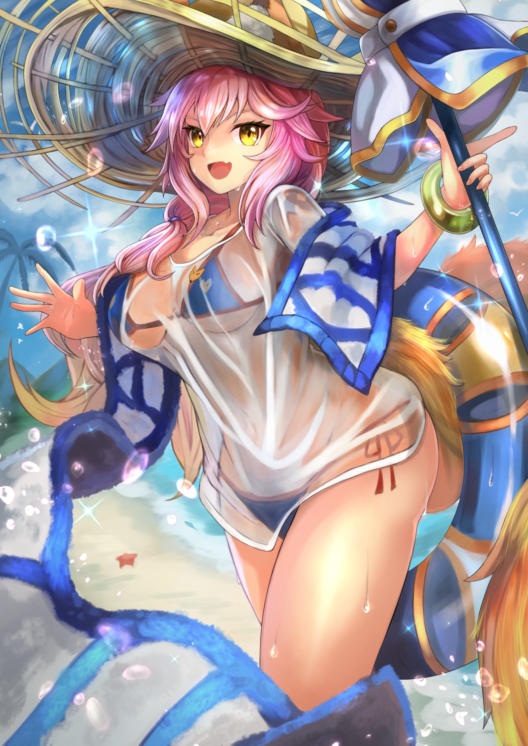 animal_ears, bikini, fate/grand_order, ohako_(ohako1818), see_through, swimsuits, tail, tamamo_no_mae