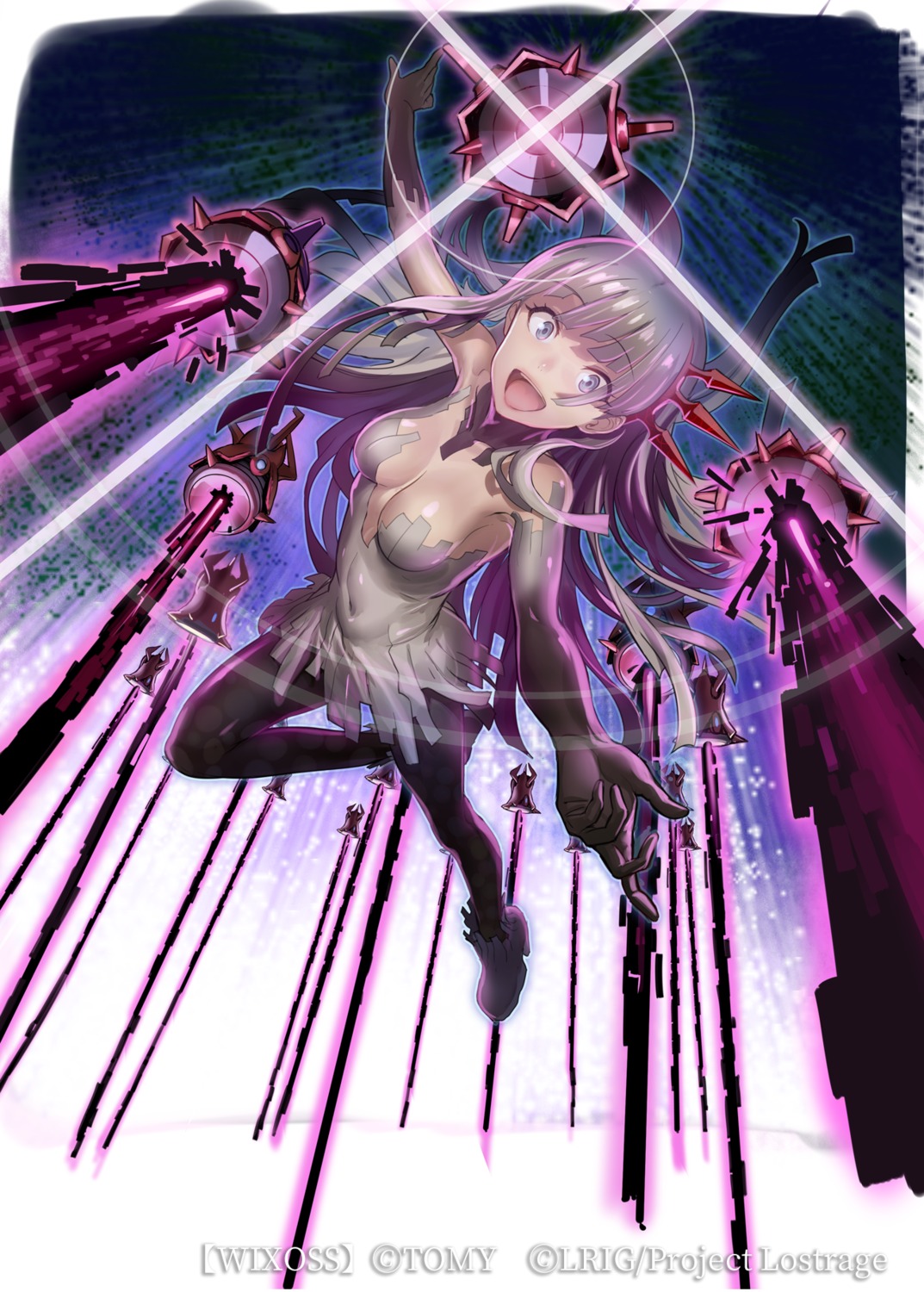 andou_chikanori, cleavage, heels, nanashi_(wixoss), no_bra, pantyhose, selector_infected_wixoss, weapon