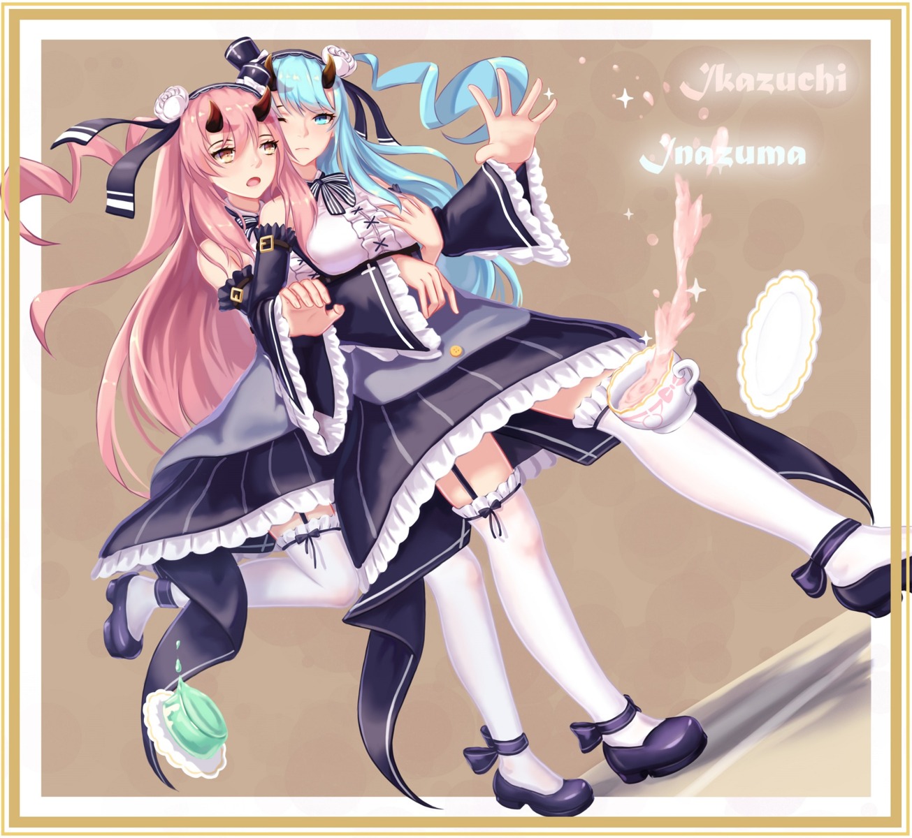 azur_lane, breast_grab, gothic_lolita, heels, horns, ikazuchi_(azur_lane), inazuma_(azur_lane), lolita_fashion