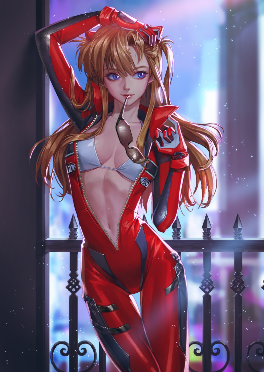bikini_top, bodysuit, cleavage, megane, neon_genesis_evangelion, open_shirt, souryuu_asuka_langley, swimsuits, yuushi