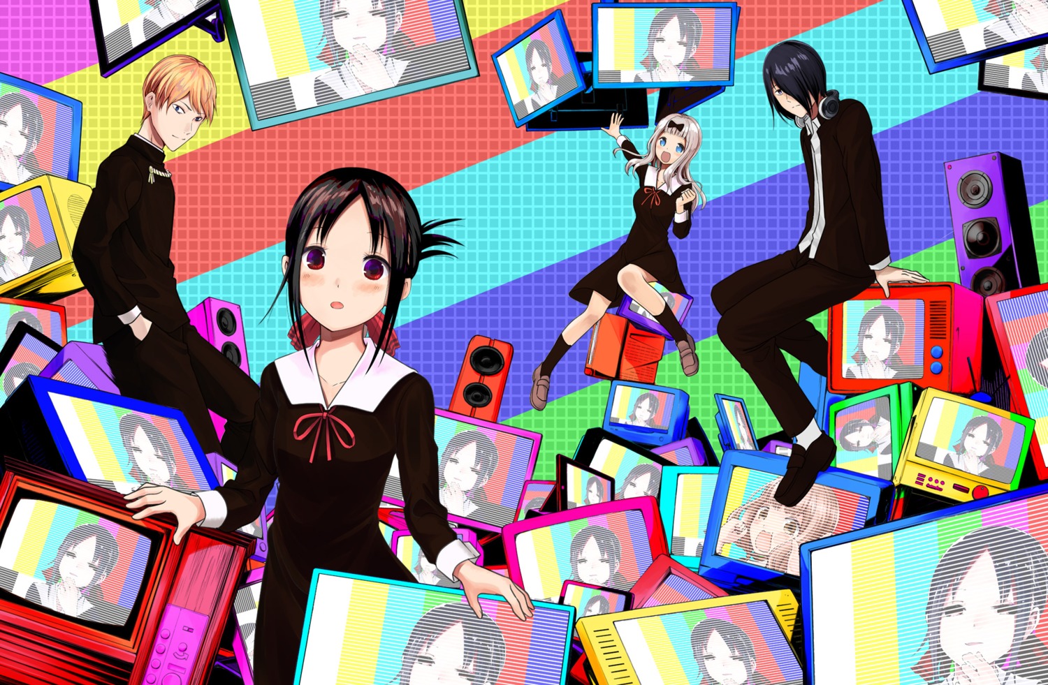 akasaka_aka, fujiwara_chika, headphones, ishigami_yuu, kaguya-sama_wa_kokurasetai_~tensai-tachi_no_renai_zunousen~, seifuku, shinomiya_kaguya, shirogane_miyuki