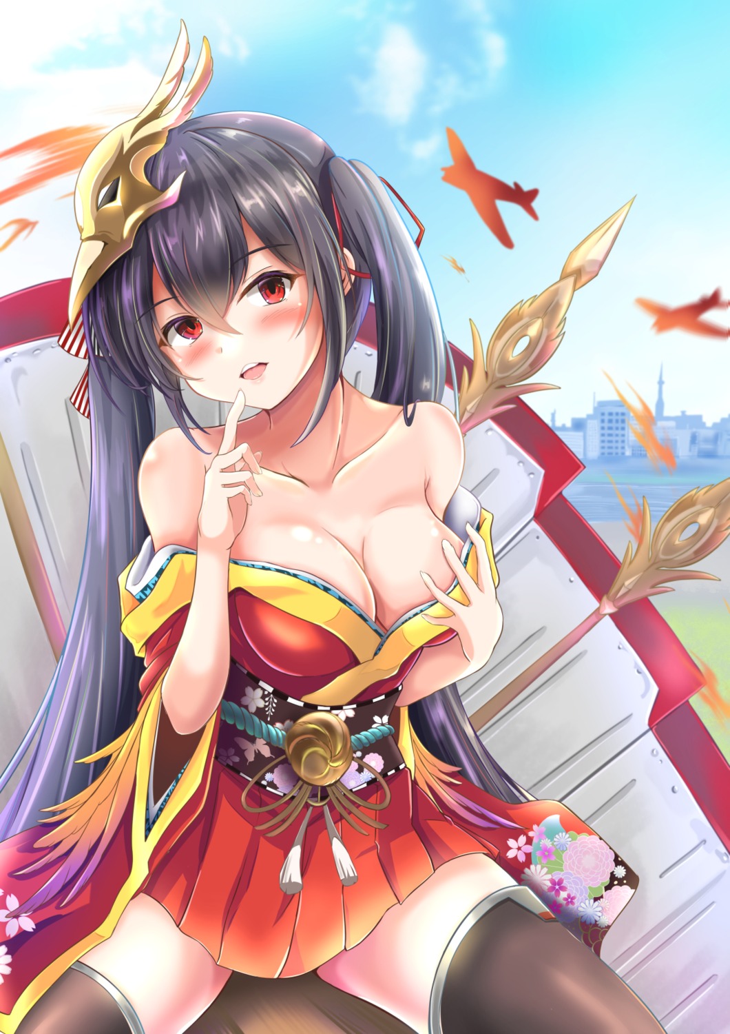 azur_lane, cleavage, japanese_clothes, no_bra, open_shirt, radek_ken, taihou_(azur_lane), thighhighs