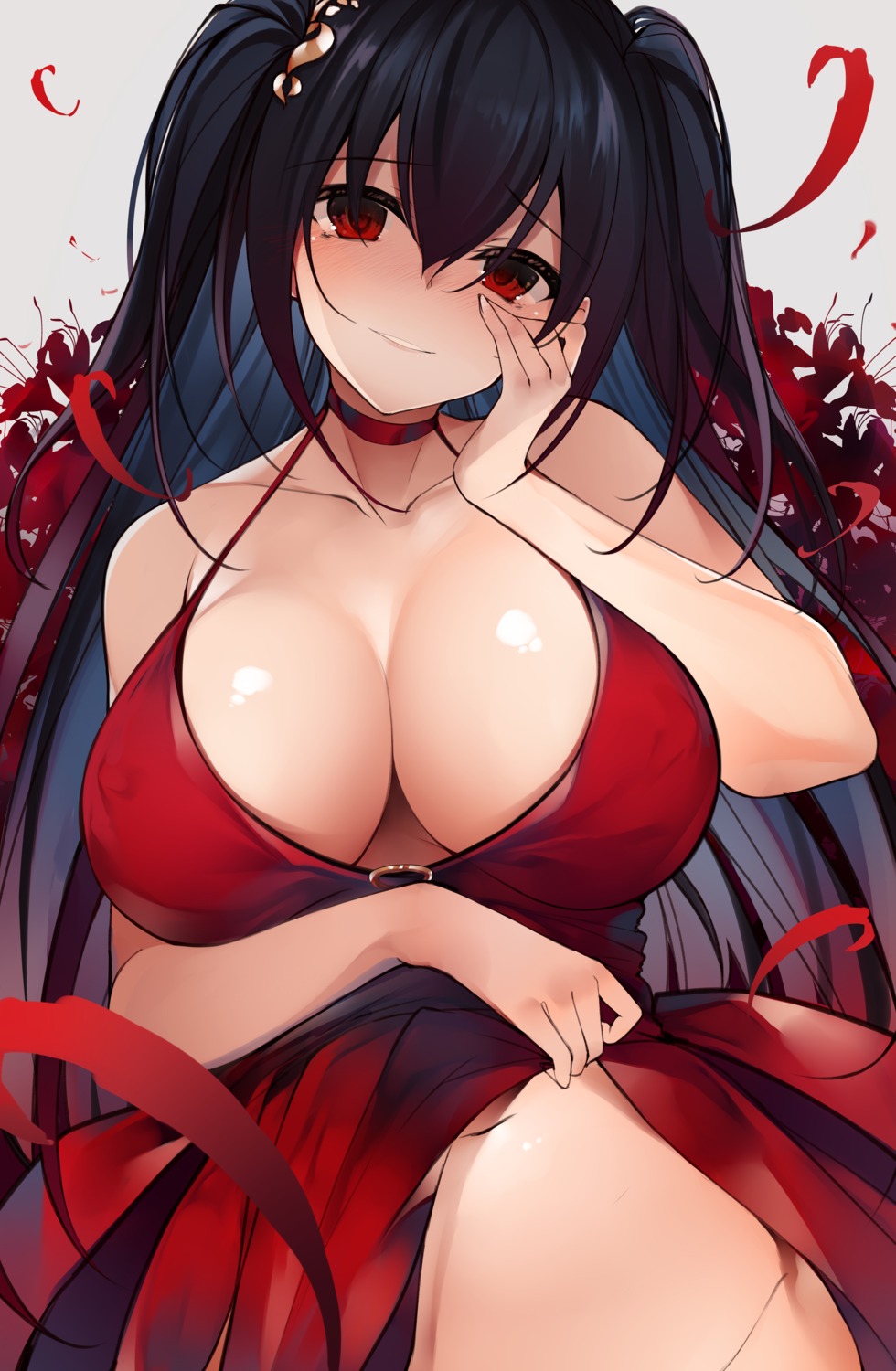 azur_lane, breast_hold, cleavage, dress, netarou, no_bra, skirt_lift, taihou_(azur_lane)