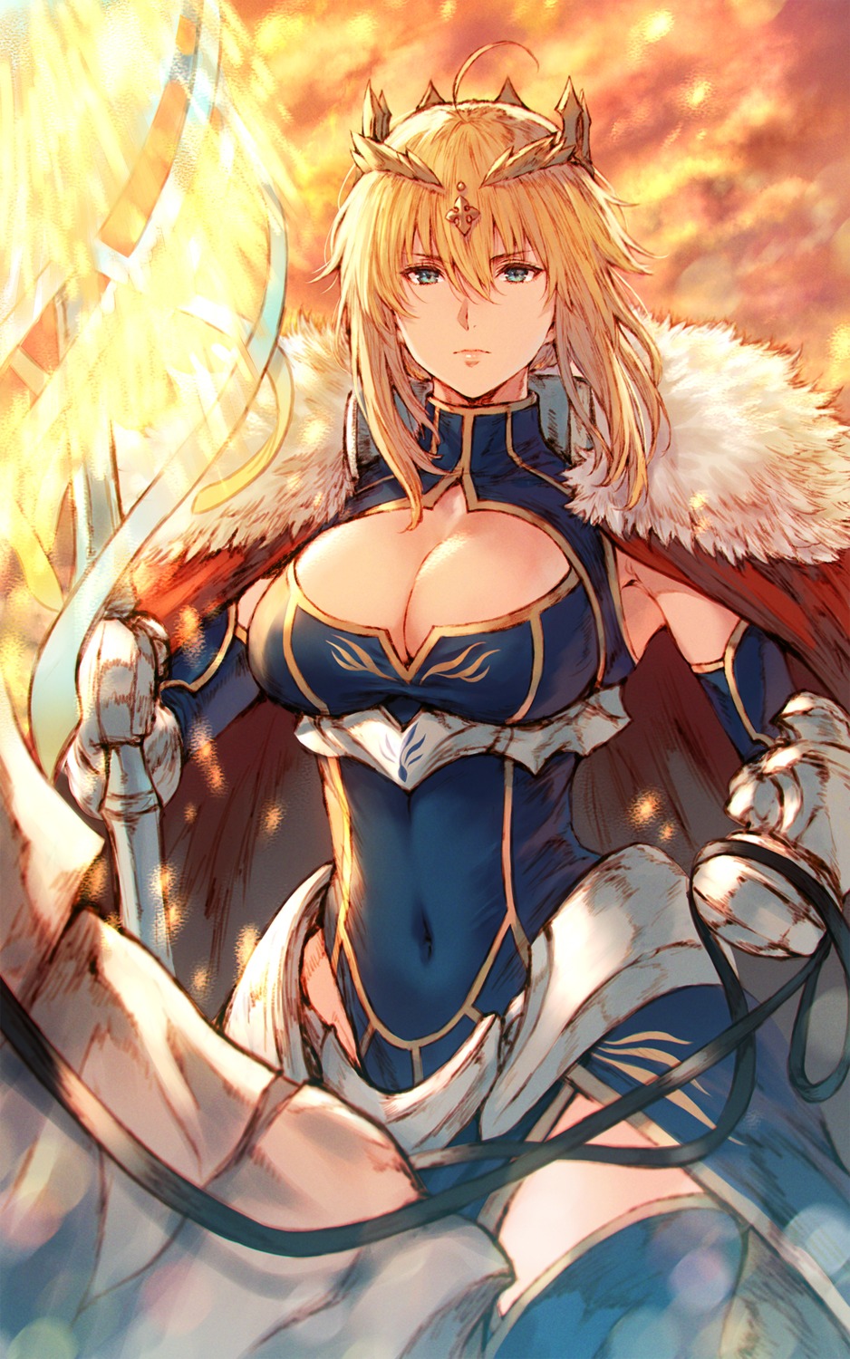 artoria_pendragon_(fate), cleavage, fate/grand_order, makimura_shunsuke, thighhighs, weapon
