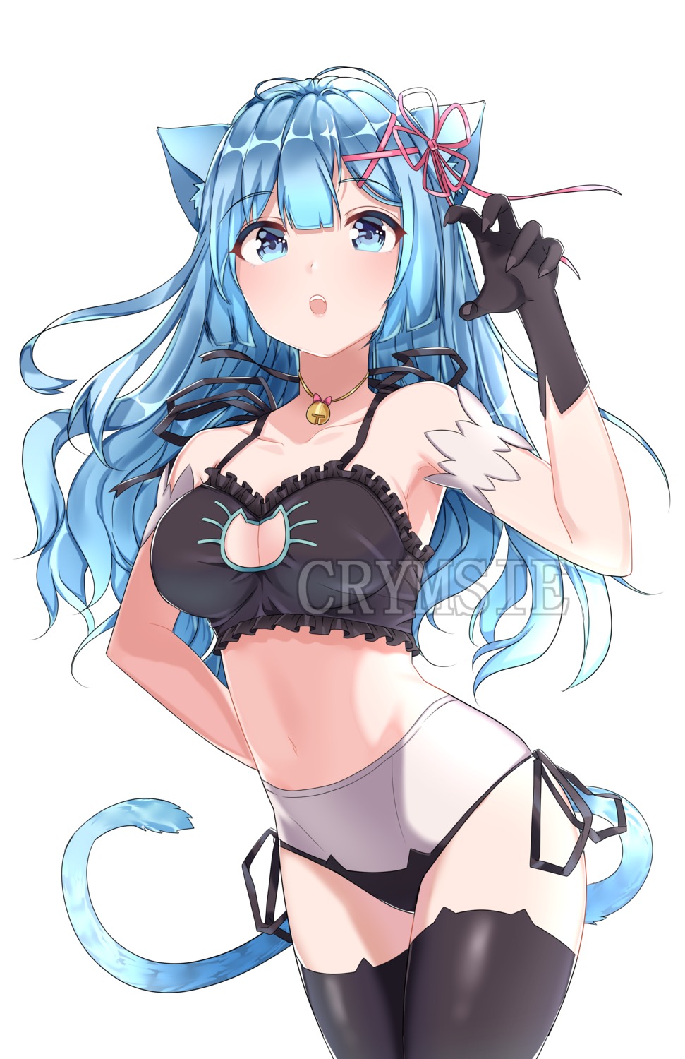 animal_ears, bra, cleavage, crymsie, nekomimi, official_watermark, pantsu, re:zero_kara_hajimeru_isekai_seikatsu, rem_(re_zero), string_panties, tail, thighhighs