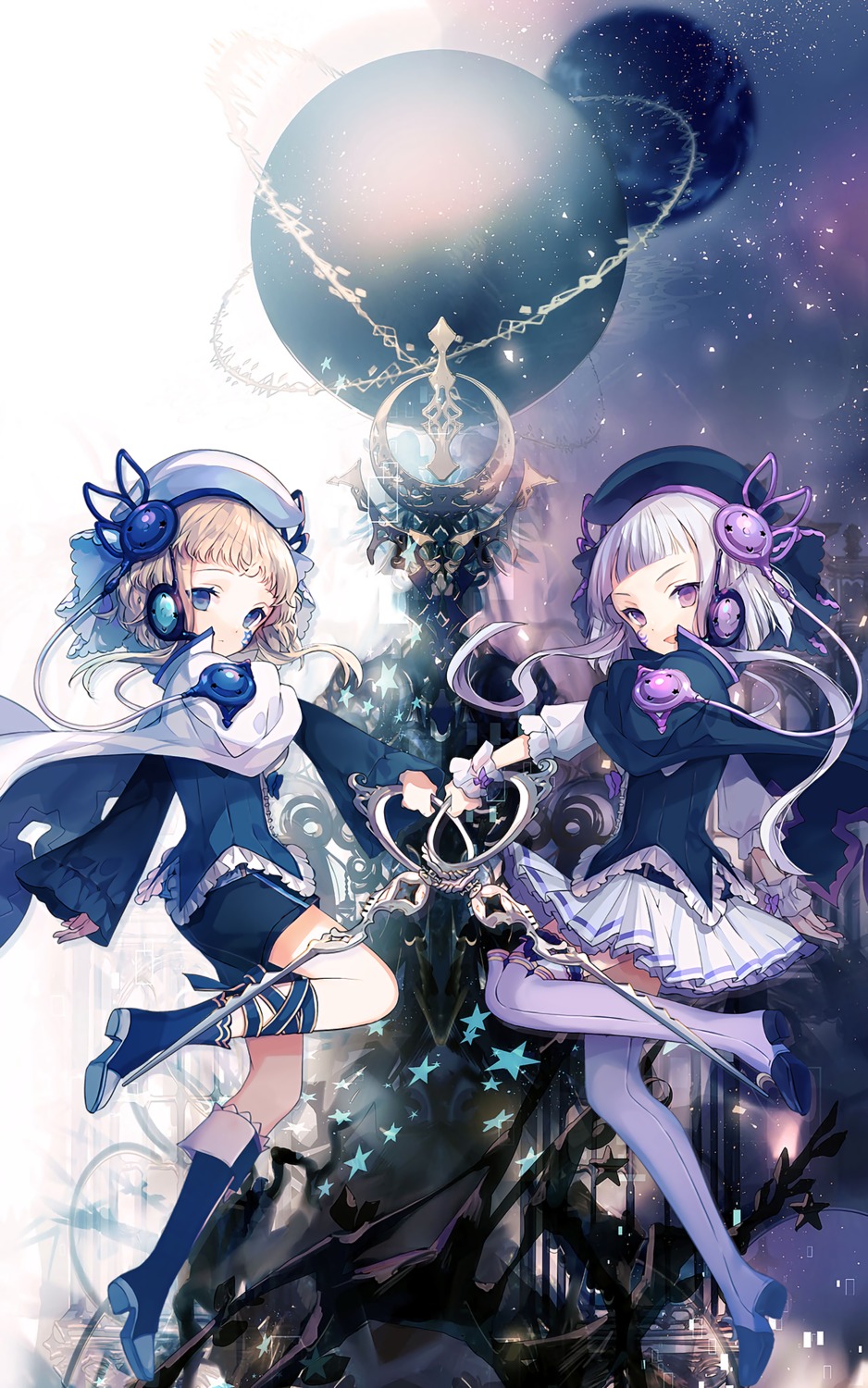 arcaea, cierra_(artist), eto_(arcaea), headphones, heels, luna_(arcaea), thighhighs, weapon