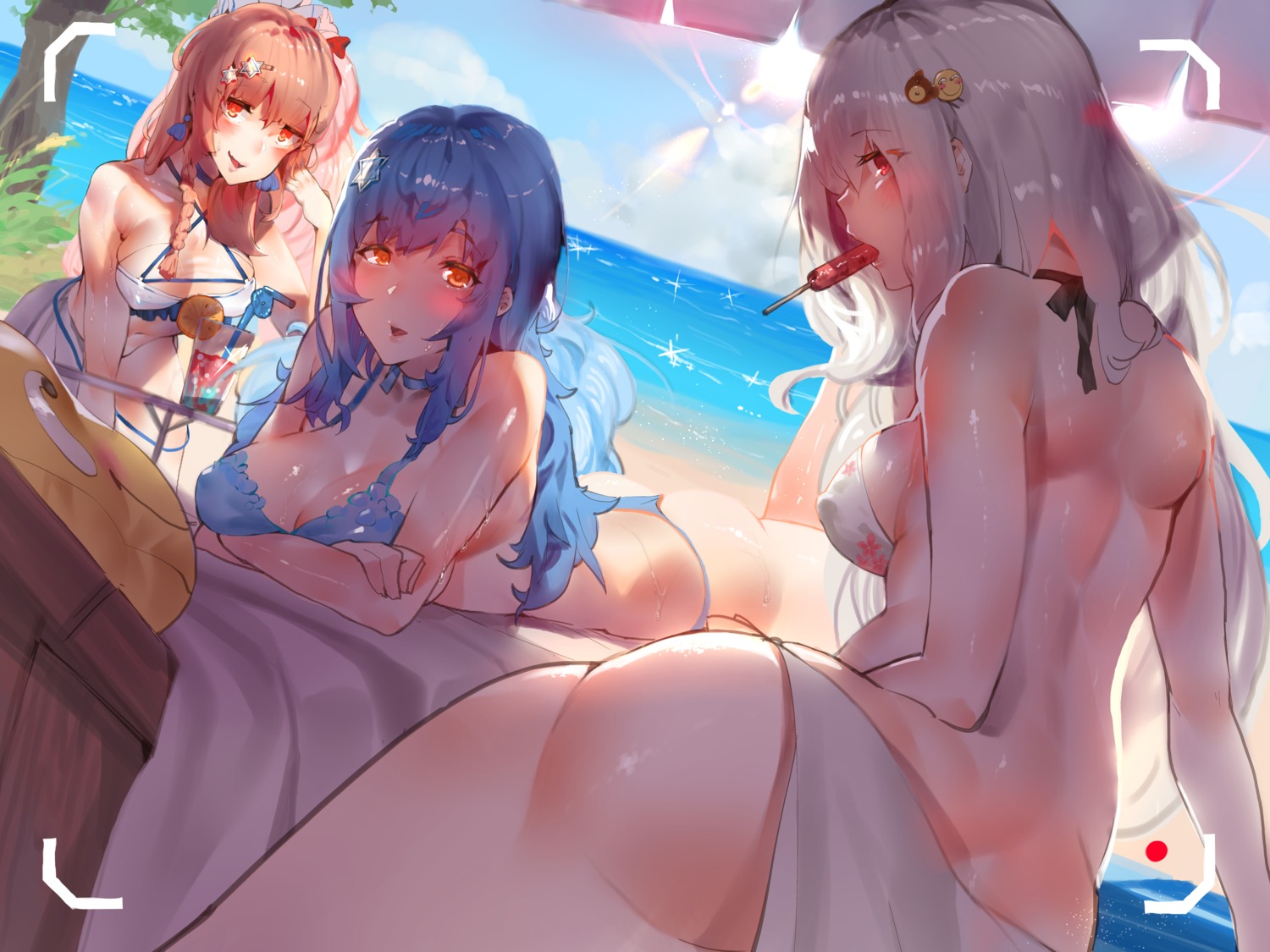 ass, bikini, breast_hold, cleavage, erect_nipples, girls_frontline, negev_(girls_frontline), pk_(girls_frontline), swimsuits, tar-21_(girls_frontline), yueqin_(monnpiano)