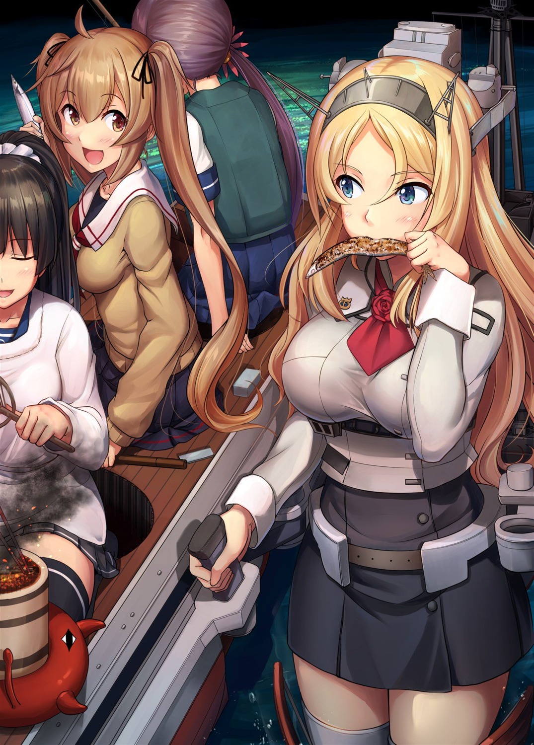 akebono_(kancolle), ichikawa_feesu, isokaze_(kancolle), kantai_collection, maid, murasame_(kancolle), nelson_(kancolle), seifuku, sweater, thighhighs, uniform