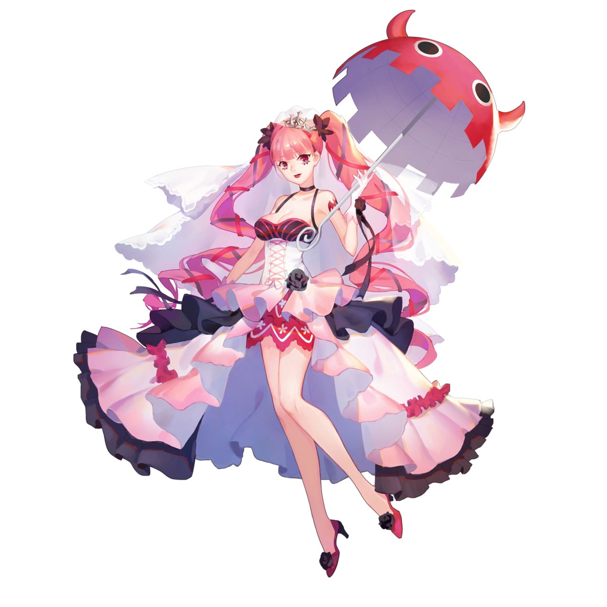 cleavage, dywx_poison, heels, one_piece, perona, tattoo, umbrella