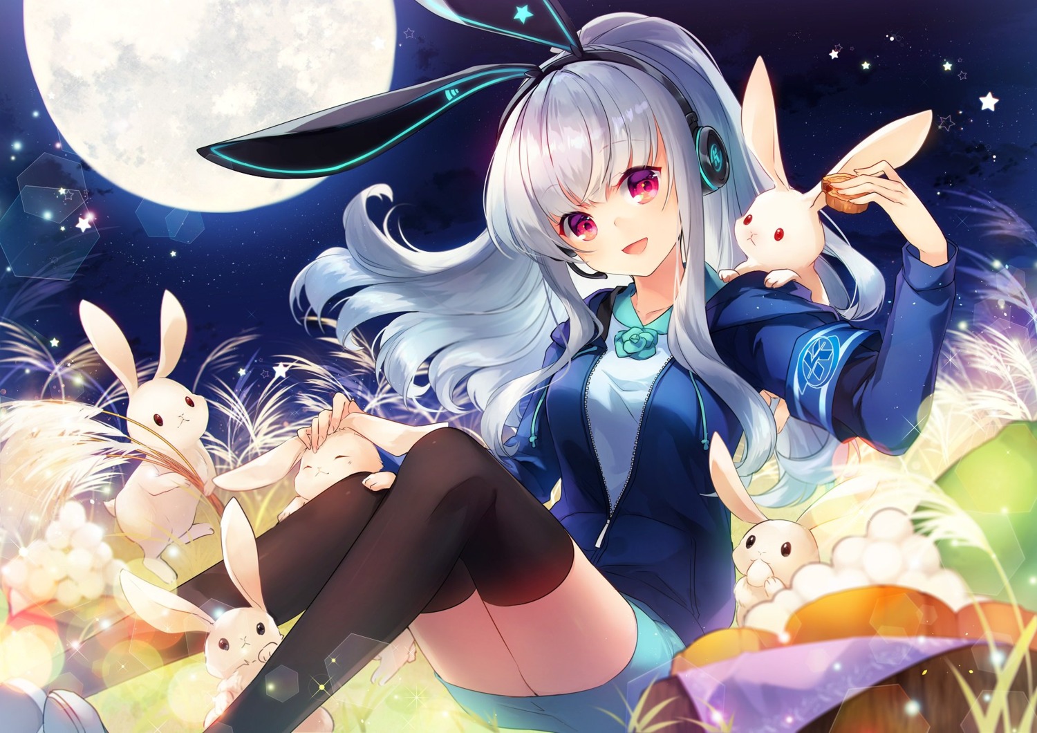 animal_ears, bunny_ears, headphones, k.r.t.girls, nana_(k.r.t.girls), shinia, thighhighs
