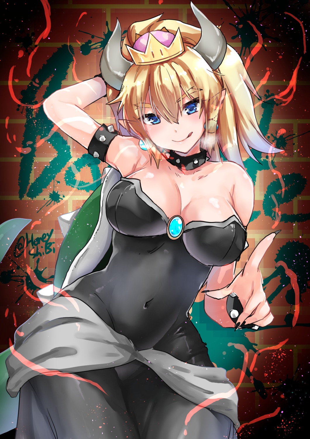 bowsette, cleavage, dress, genderswap, horns, mario_bros., new_super_mario_bros._u_deluxe, pointy_ears