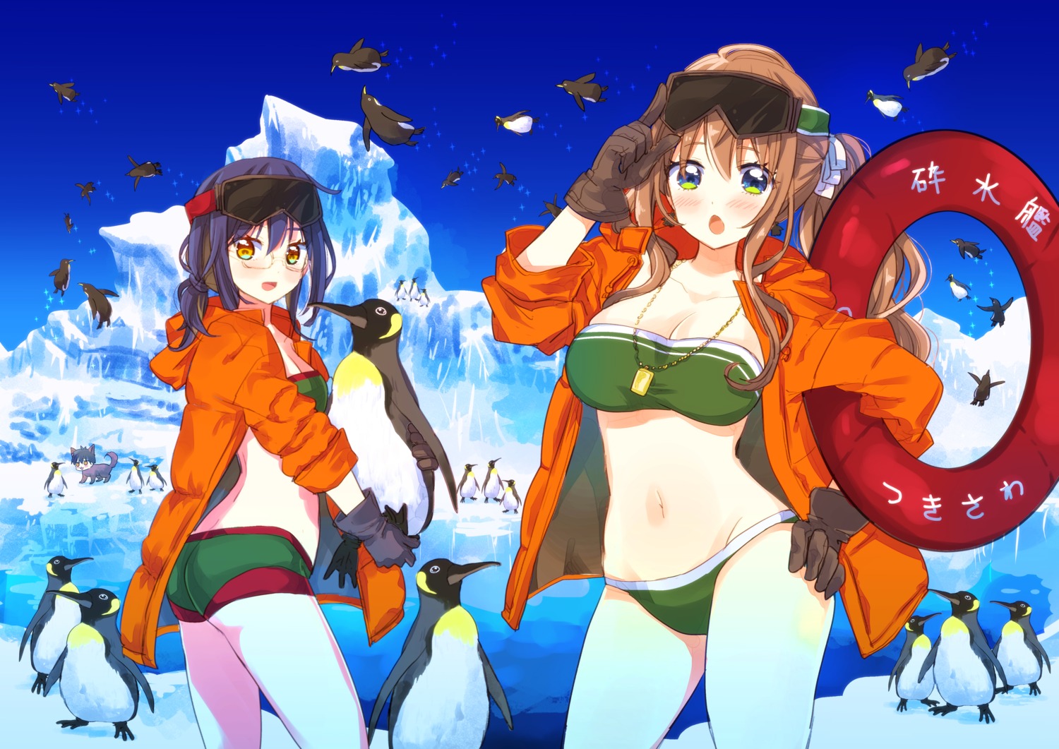 ass, bikini, cleavage, izumi_minami, megane, open_shirt, penguin, swimsuits