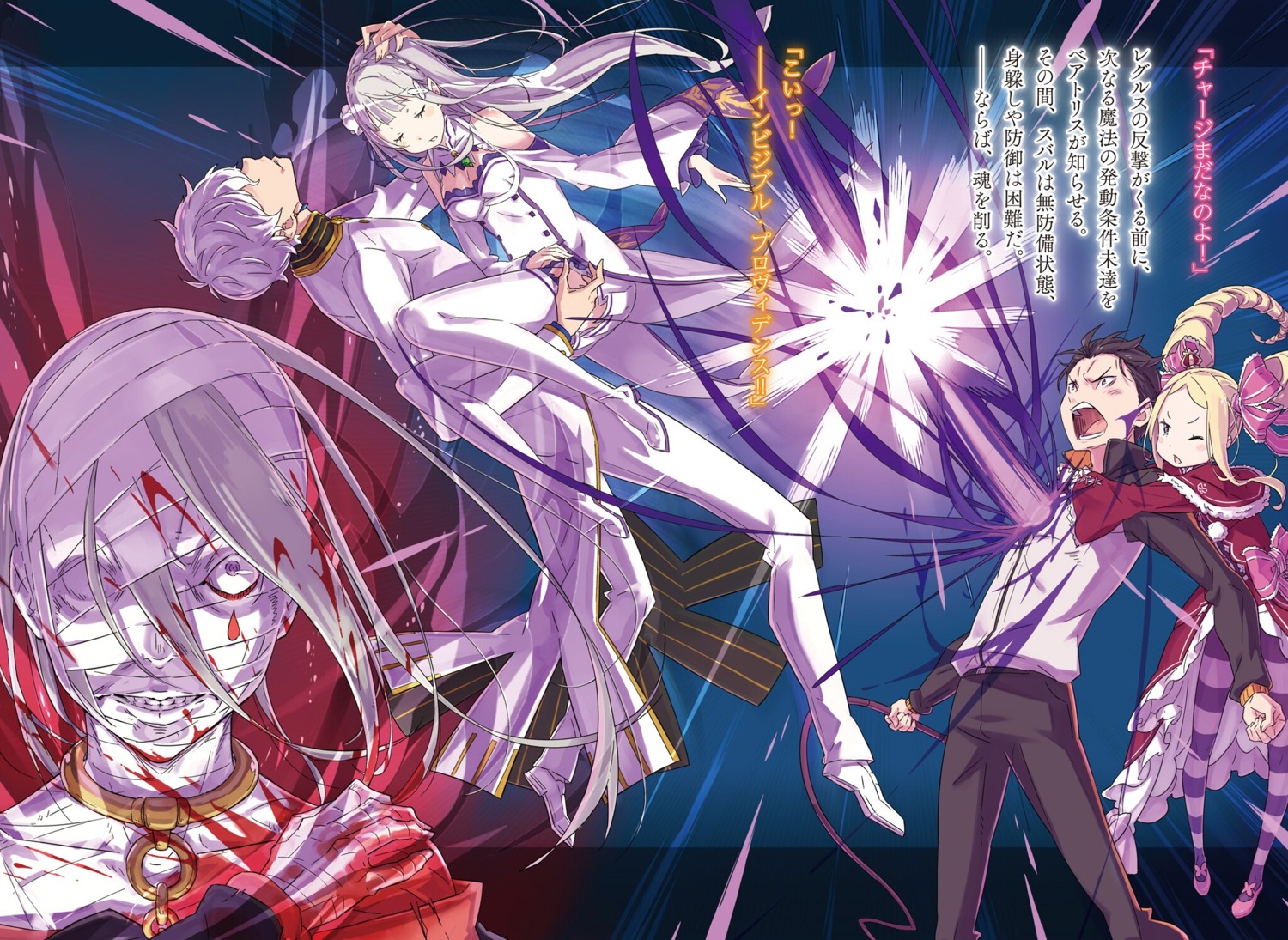 bandages, beatrice_(re_zero), blood, dress, elf, emilia_(re_zero), heels, natsuki_subaru