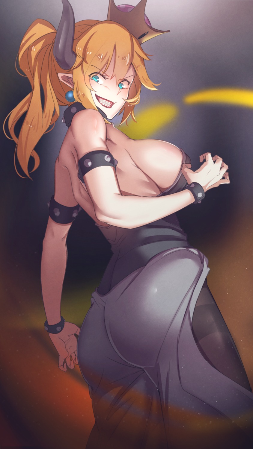 ass, at2., bowsette, cleavage, dress, horns, new_super_mario_bros._u_deluxe, pointy_ears