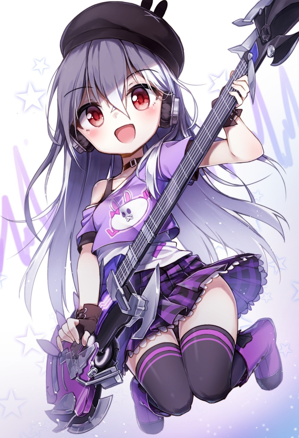 darnell, guitar, headphones, skirt_lift, soul_worker, stella_unibell, thighhighs