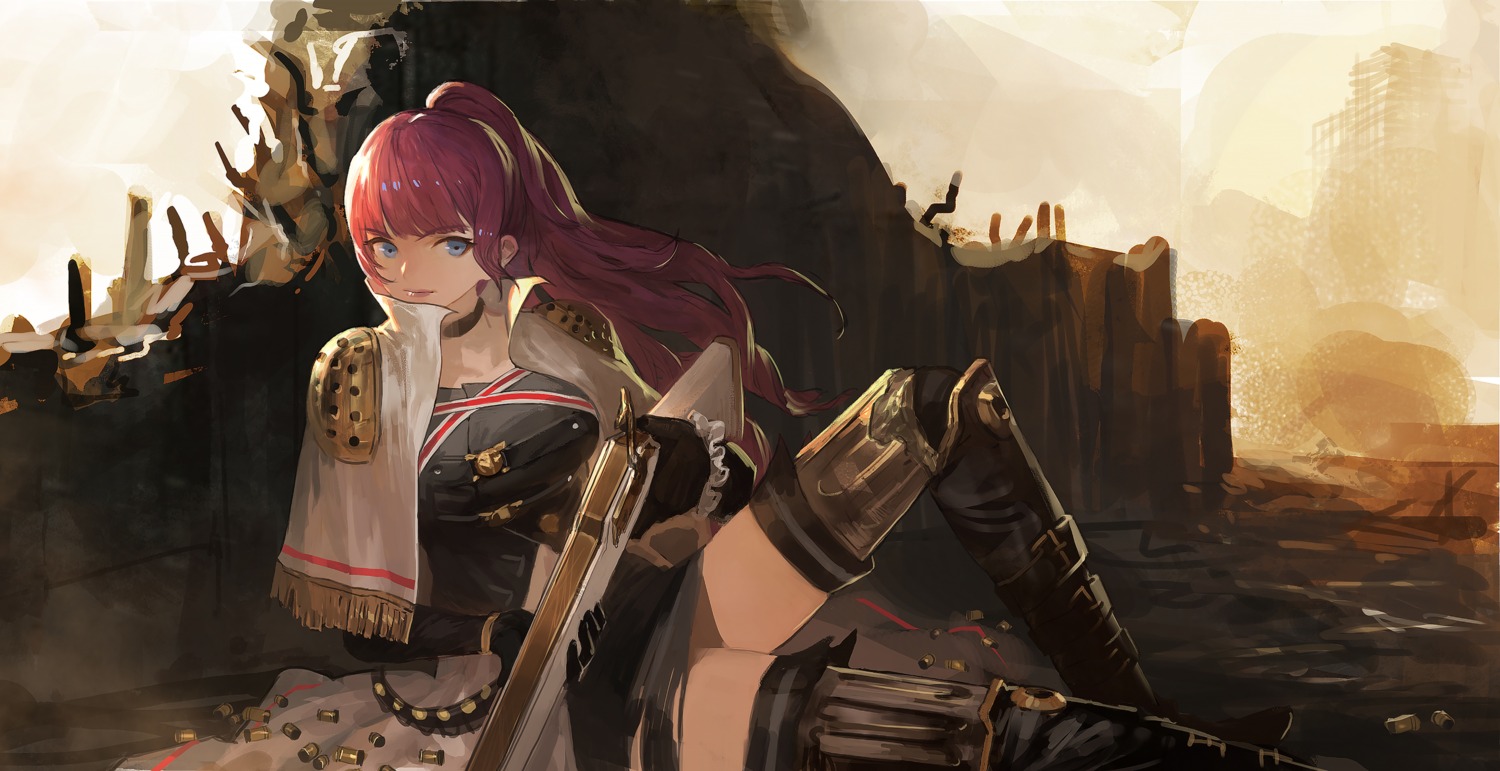 daible, gun, magatsu_wahrheit, thighhighs, torn_clothes