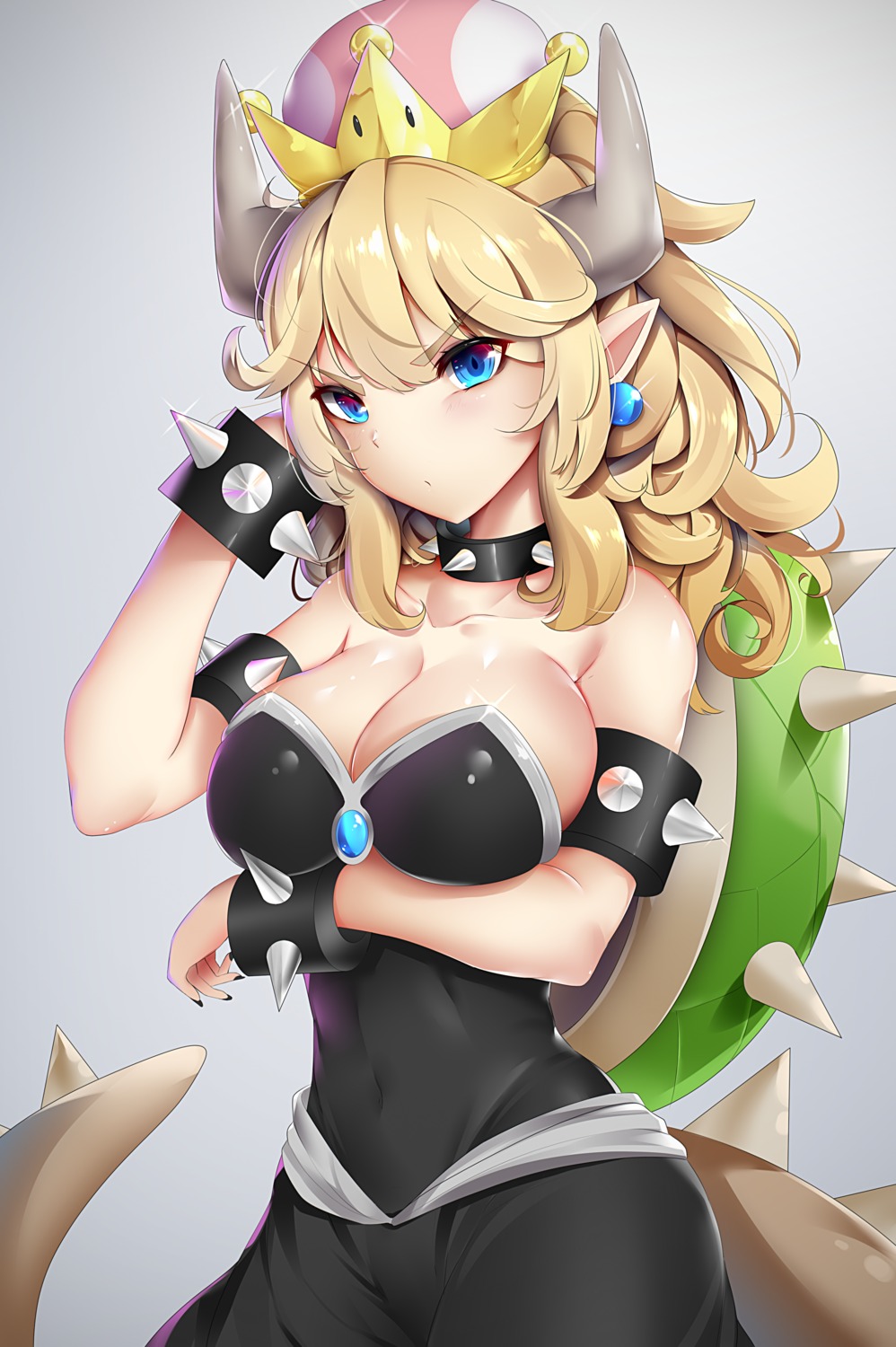 bowsette, breast_hold, cleavage, dress, horns, new_super_mario_bros._u_deluxe, pointy_ears, tail