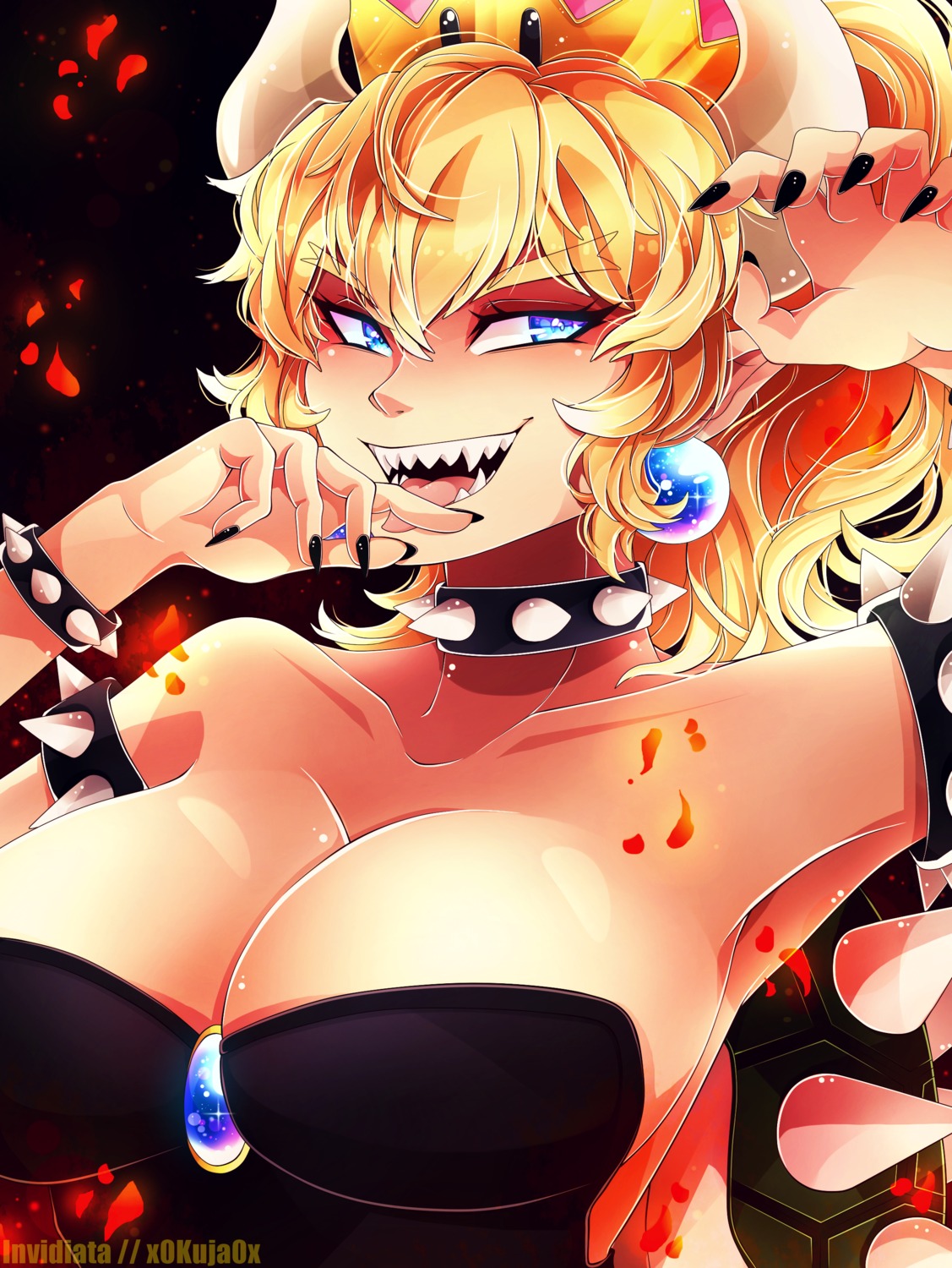 bowsette, cleavage, horns, invidiata, new_super_mario_bros._u_deluxe, pointy_ears