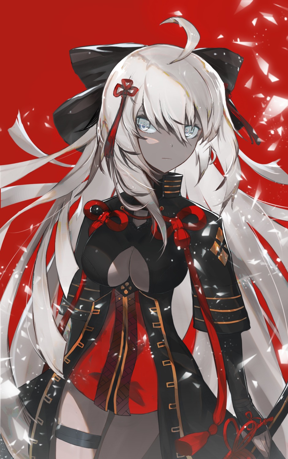 cleavage, dress, fate/grand_order, garter, kusakanmuri, no_bra, okita_souji_(alter)_(fate), sword