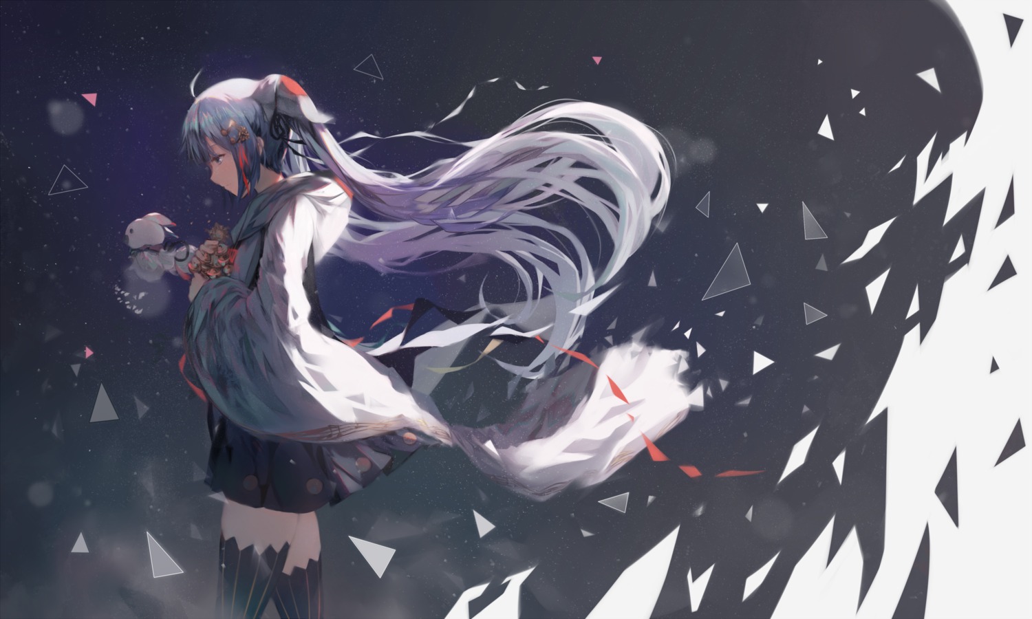 hatsune_miku, japanese_clothes, natsumoka, thighhighs, vocaloid, wallpaper, yuki_miku