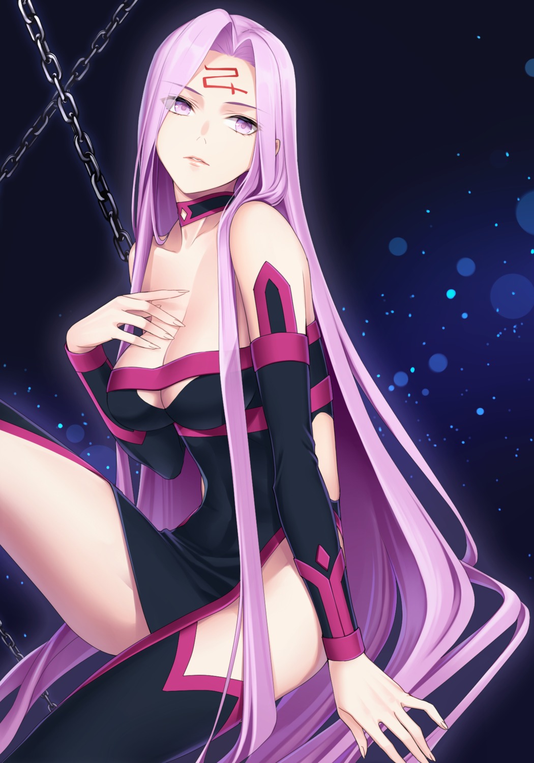 breast_hold, cleavage, dress, fate/grand_order, fate/stay_night, medusa_(fate), no_bra, ougi_yomi, tattoo, thighhighs, weapon