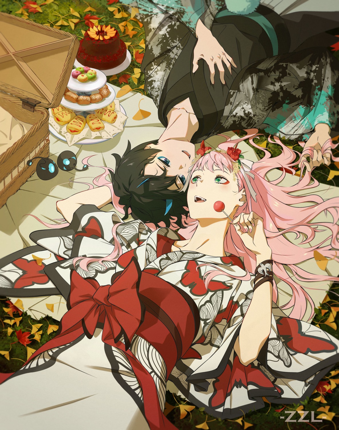 darling_in_the_franxx, hiro_(darling_in_the_franxx), horns, yukata, zero_two_(darling_in_the_franxx), zzl