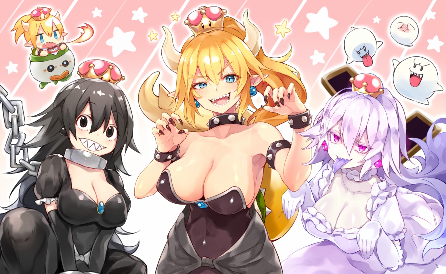 bowsette, bowsette_jr., cleavage, dress, horns, new_super_mario_bros._u_deluxe, pointy_ears, princess_chain_chomp, princess_king_boo, sukemyon, tail