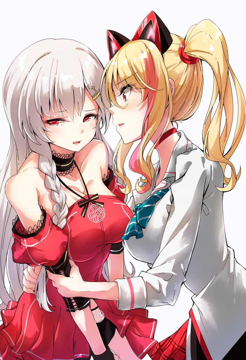 .live, animal_ears, cleavage, darjeeling_(reley), dress, idol-bu, nekonoki_mochi, seifuku, yozakura_tama, yuri