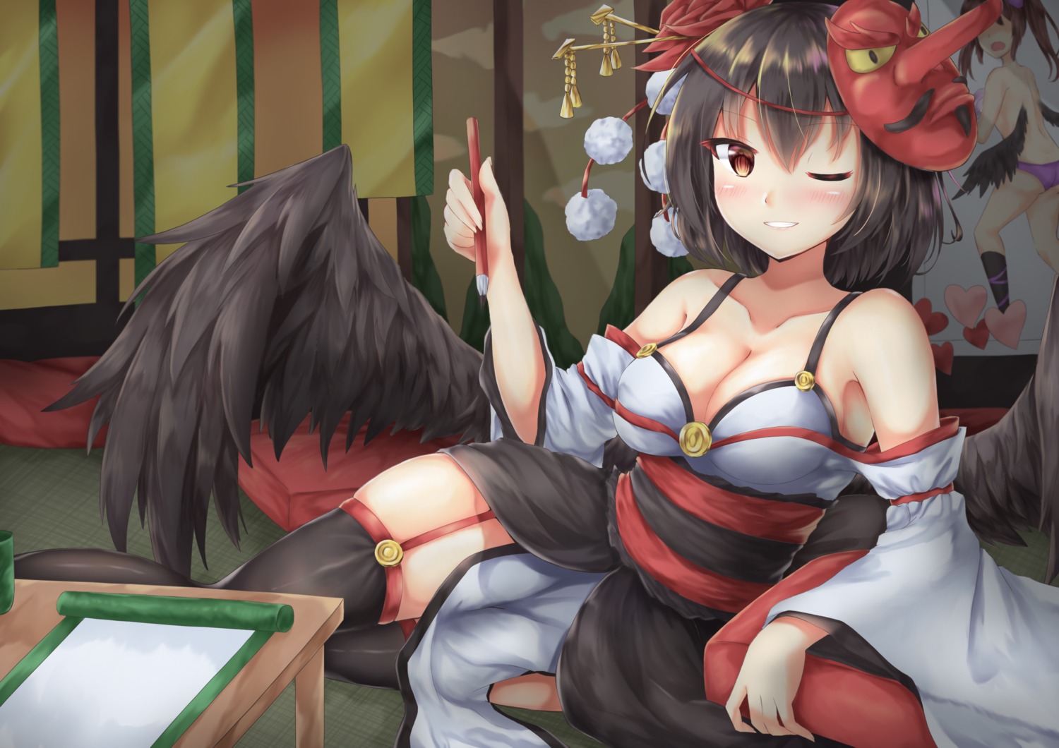 akiteru98, cleavage, japanese_clothes, shameimaru_aya, stockings, thighhighs, touhou, wings